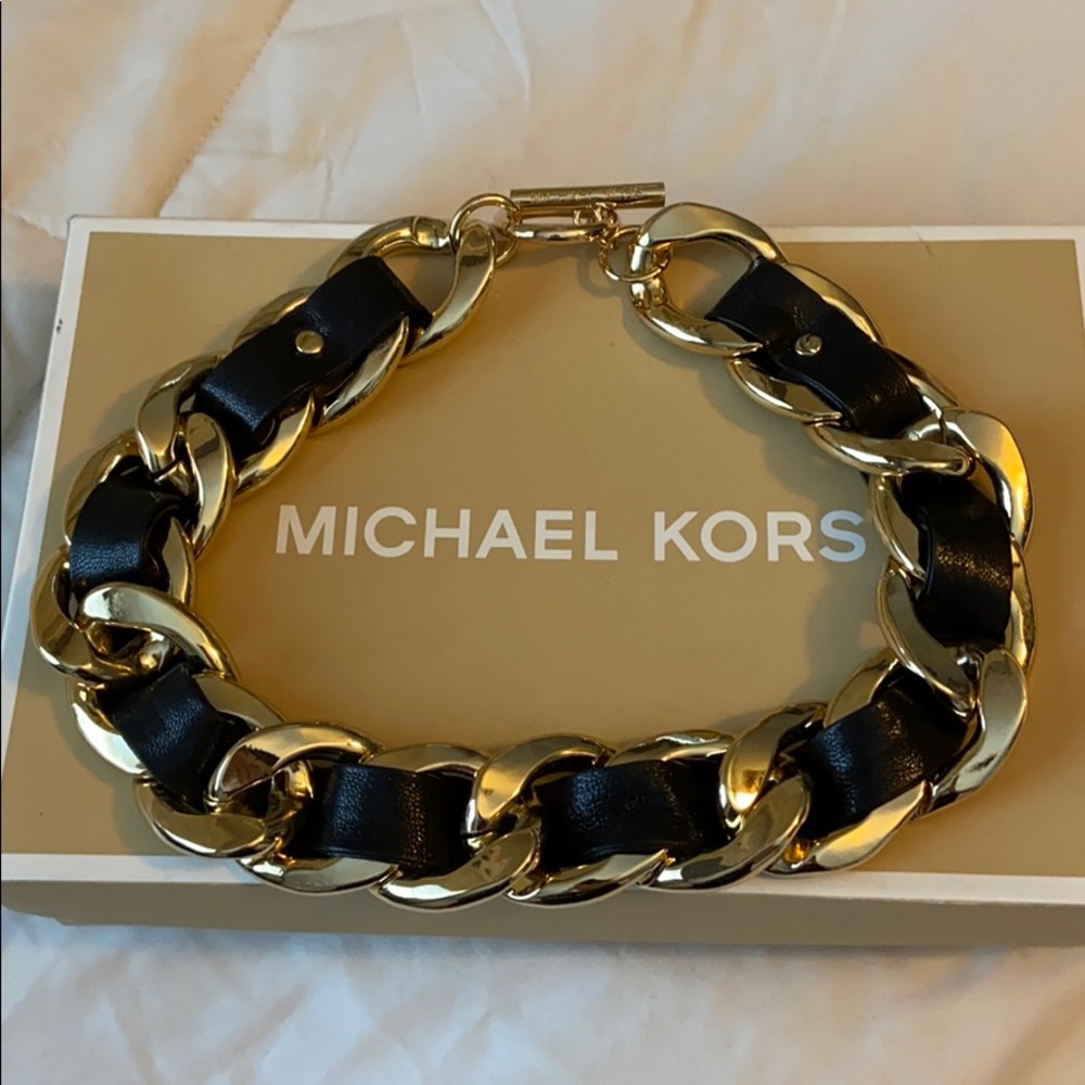 Michael Kors gold link & black leather necklace